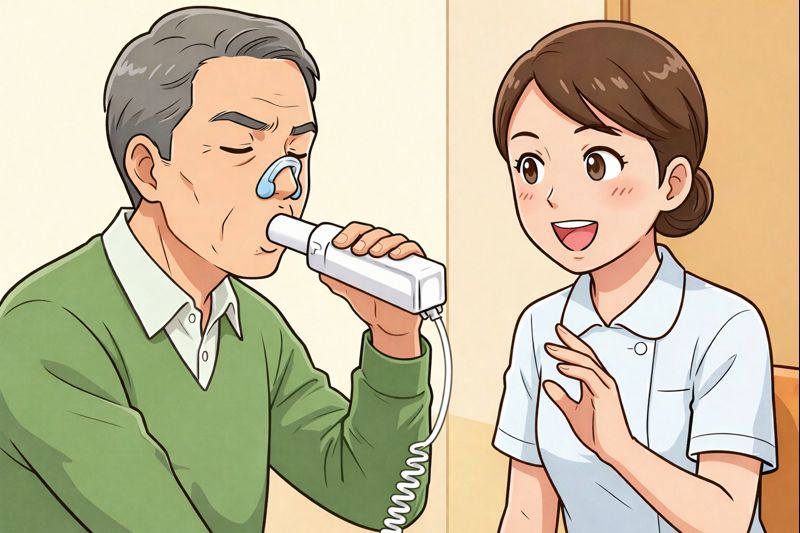 呼吸機能検査（スパイロメトリー）を受けている様子